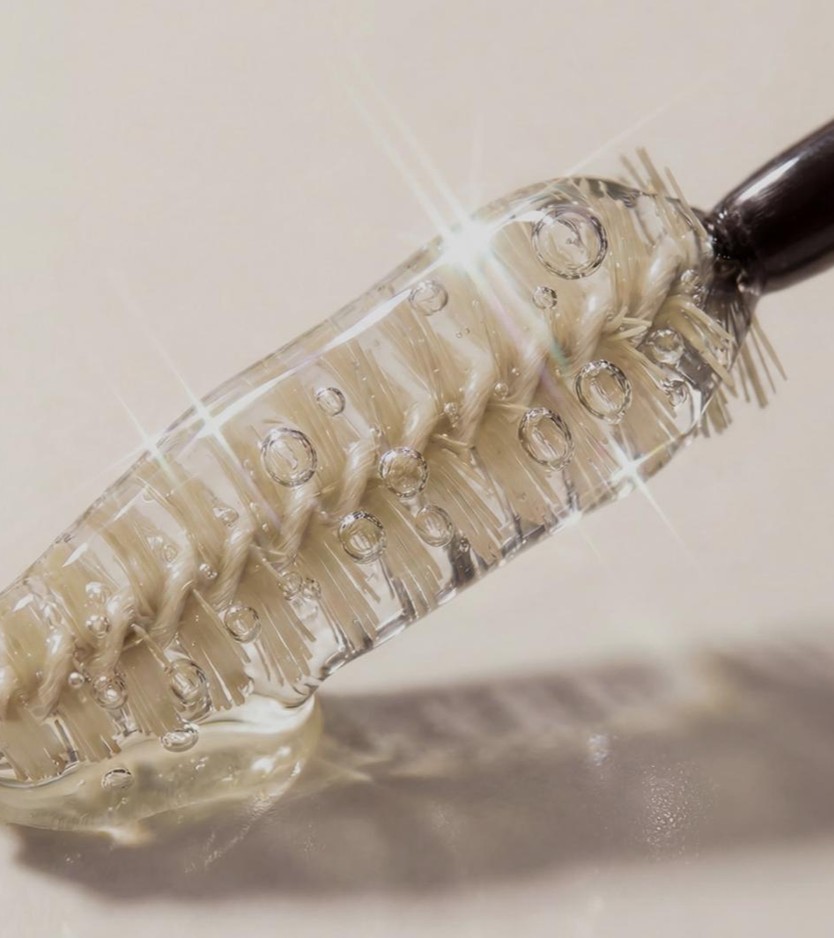 Close-up of LashWax colorless formula on an applicator wand.
